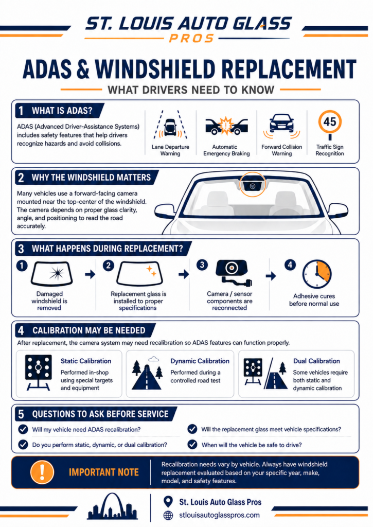 ADAS and windshield replacement infographic explaining calibration and driver considerations