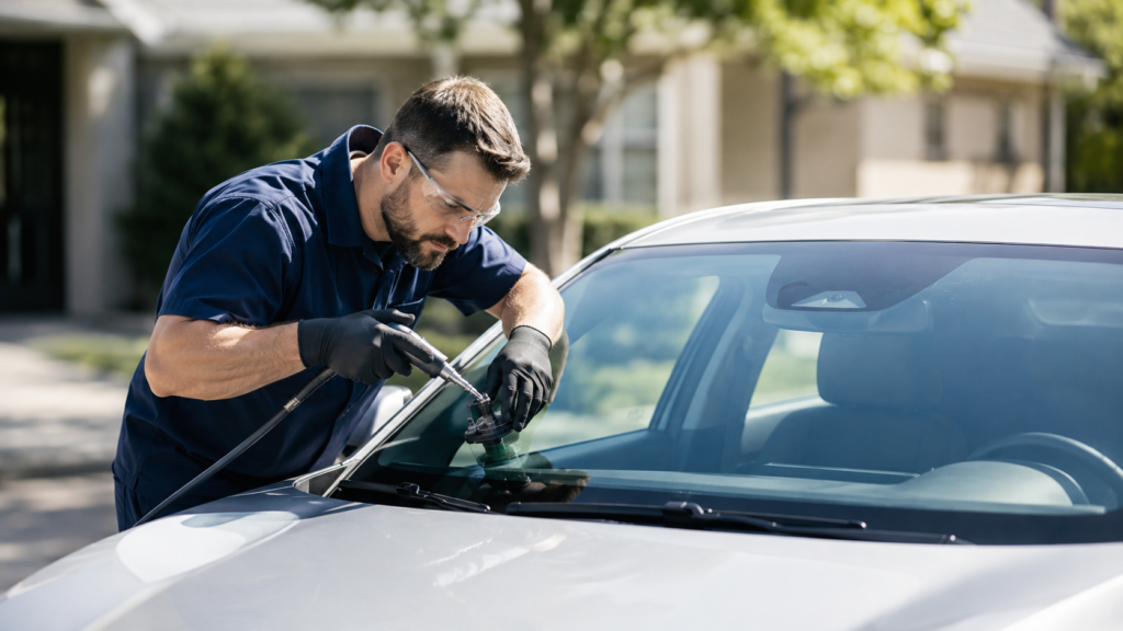 Mobile auto glass technician repairing a windshield in St. Charles County, MO