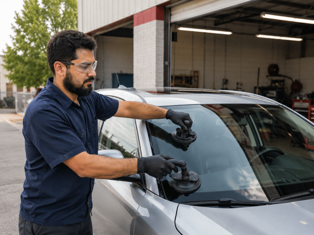 Auto glass technician servicing a windshield in Wentzville, MO