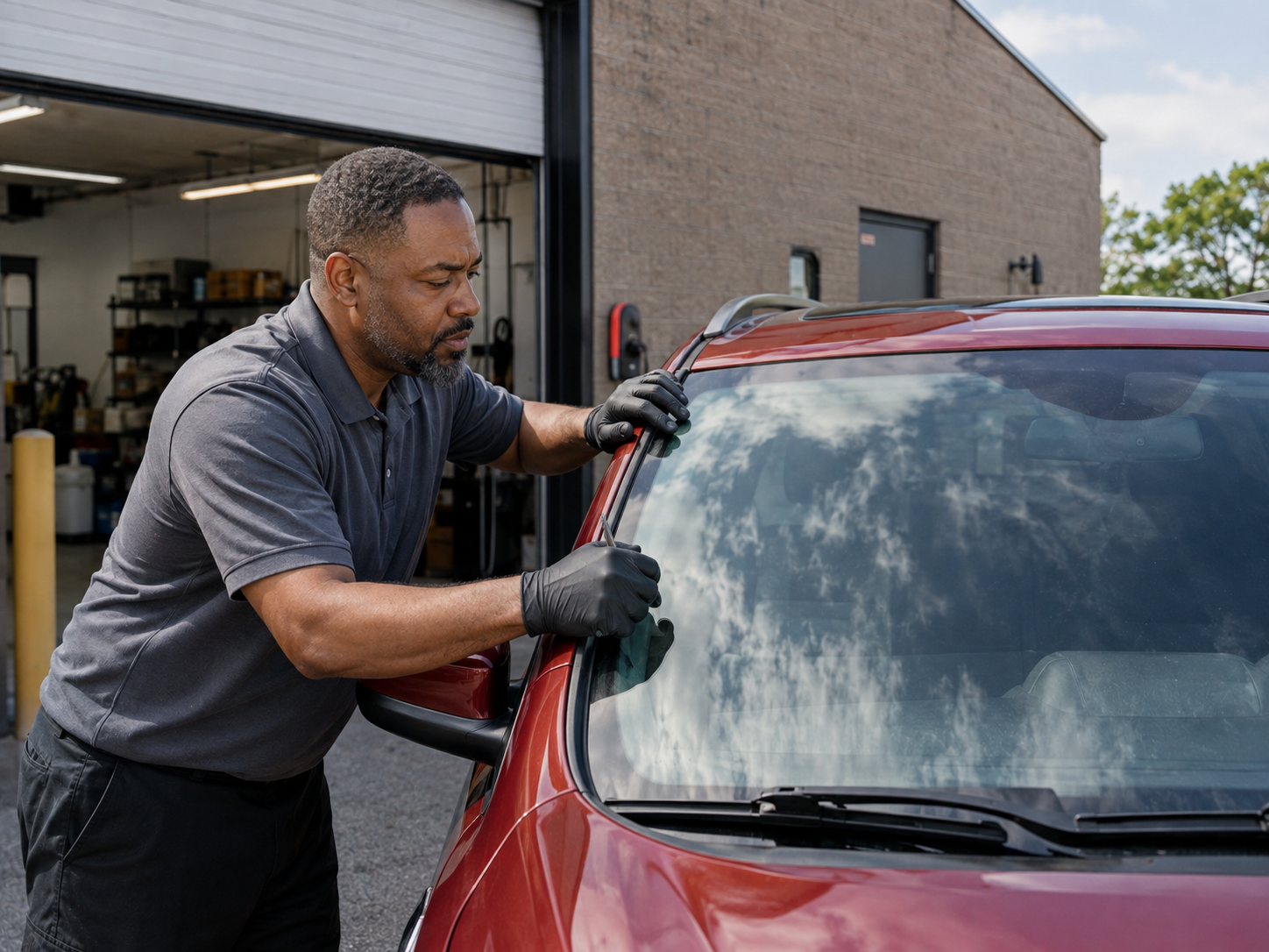 Auto glass technician servicing a vehicle in Florissant, MO