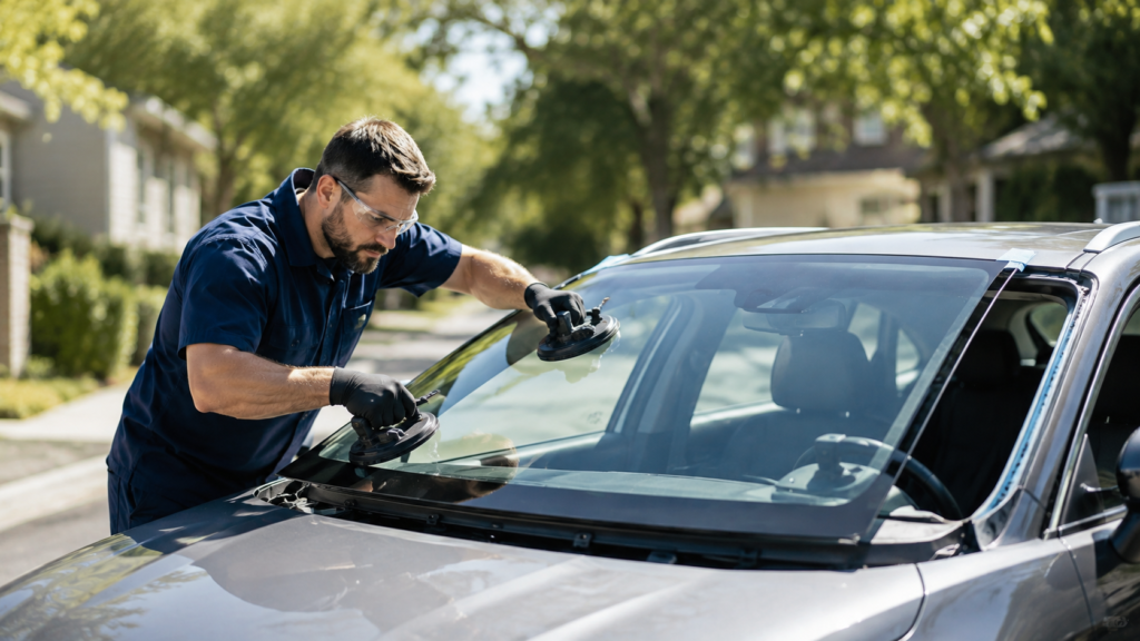 Technician installing a replacement windshield on a vehicle in St. Louis, MO