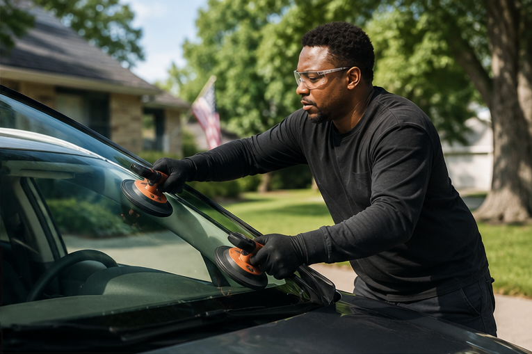 Technician performing auto glass repair in St. Louis, MO