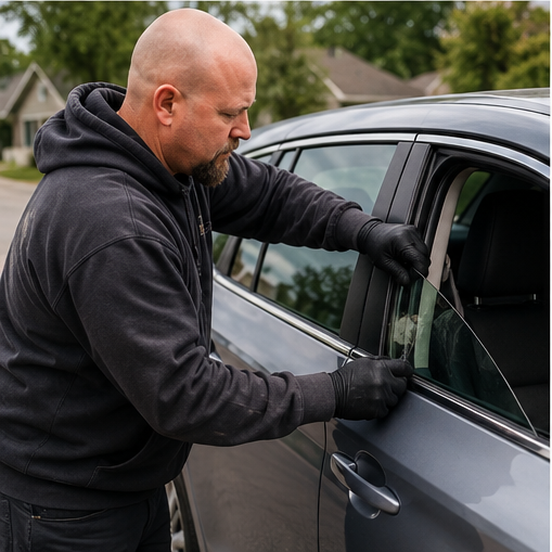 Technician replacing a car side window in St. Louis, MO